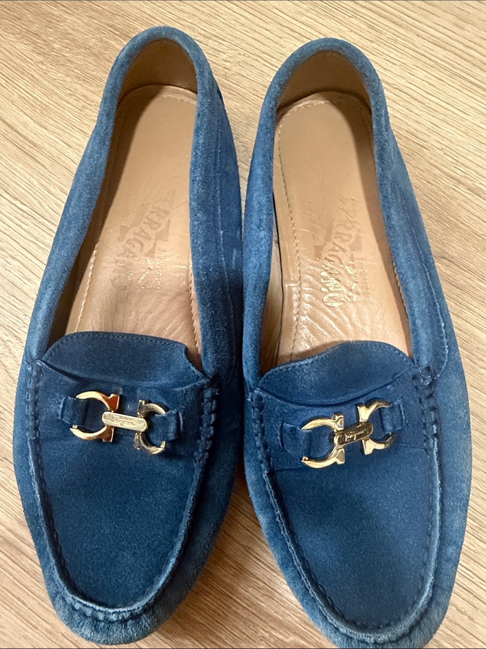 Salvatore Ferragamo Blue Suede Gancini Driver Loafers Women’s